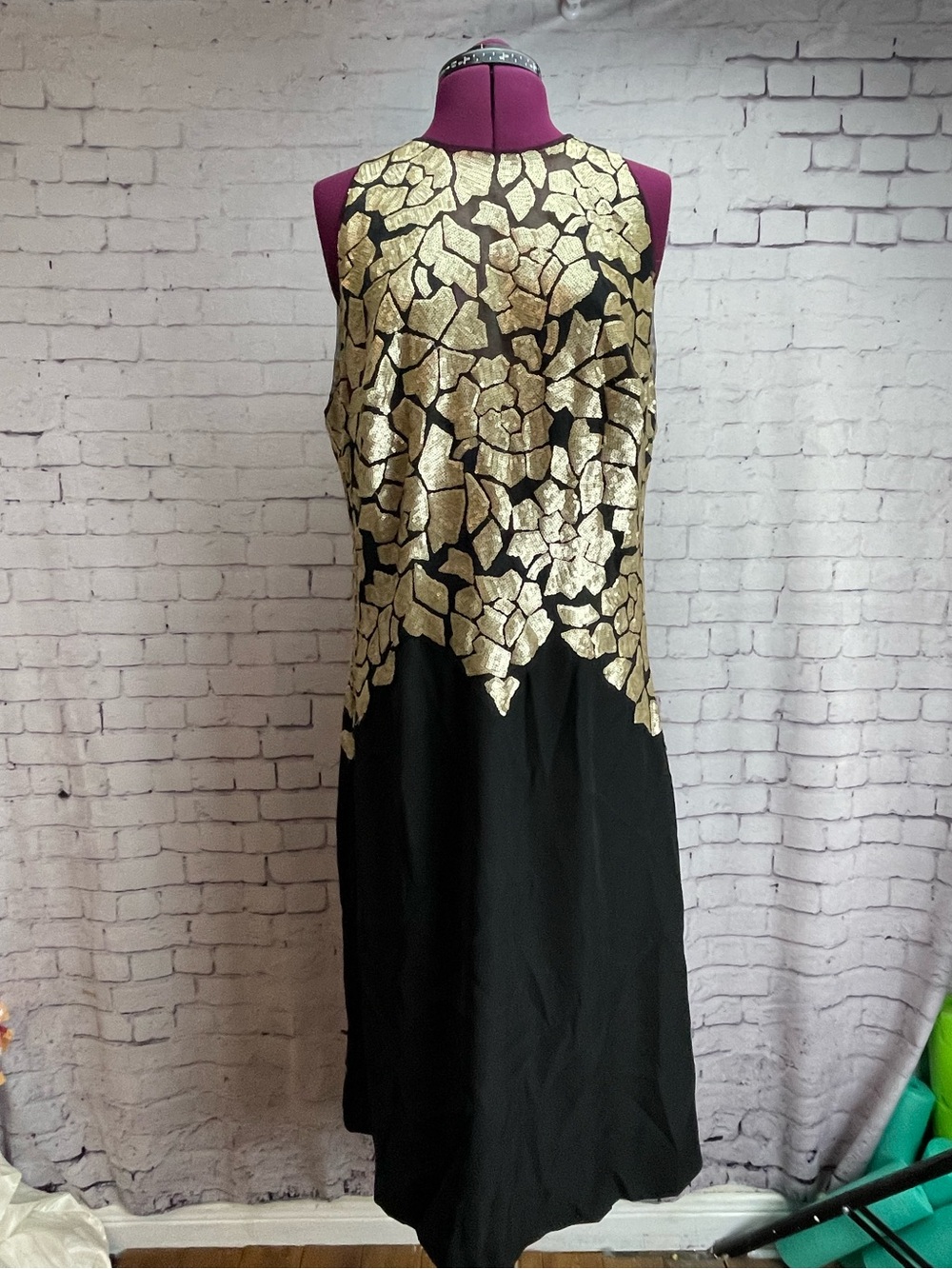 Tadashi Shoji size 16 black midi dress with gold mosaic sequins